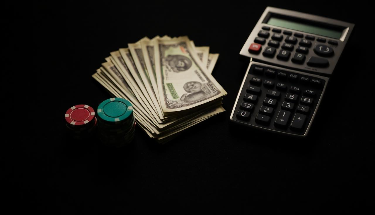 Indian rupee notes, chips and a calculator on a dark surface