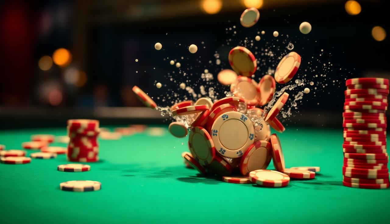 Poker chips being splashed into a pot on green felt