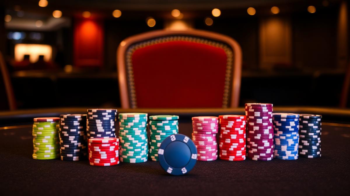Neat stacks of coloured casino chips at an empty seat