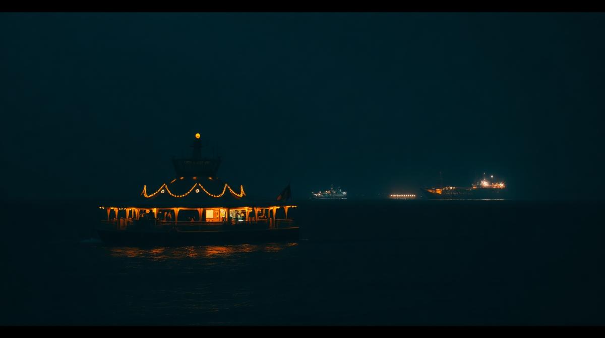 A lit offshore vessel on dark water at night
