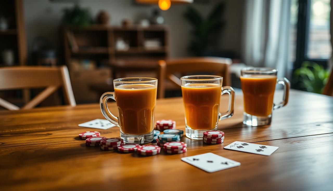 A cozy home poker setup with chips, cards and chai on a wooden table