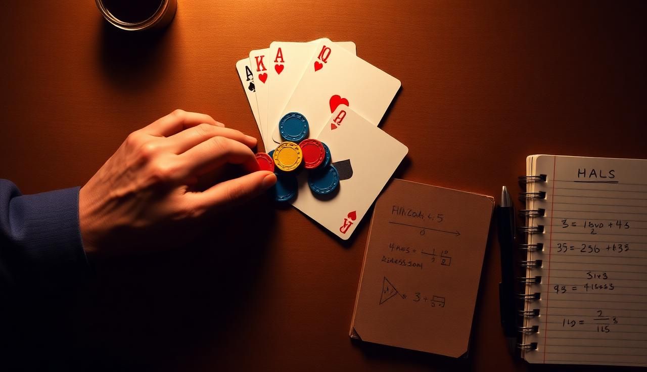 A hand pushing in chips next to a notebook with poker math sketches